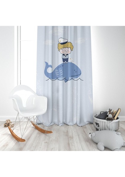 Balina ve Çocuk, Mavi, Ithal Kumaş, Çocuk ve Bebek Odası Fon Perde - 1 Kanat modelleri