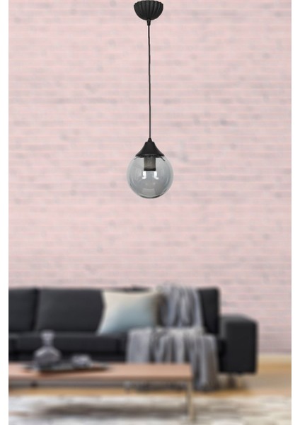1 Aydınlatma Mehtap Tekli Siyah Glop Füme Cam Avize Siyah Modern E27 Metal