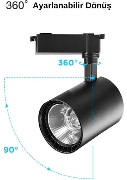 Siyah Kasa ve Günışığı 4 Adet 360 Derece Dönen LED Ray Spot Lamba 1 Metre Raylı Armatür