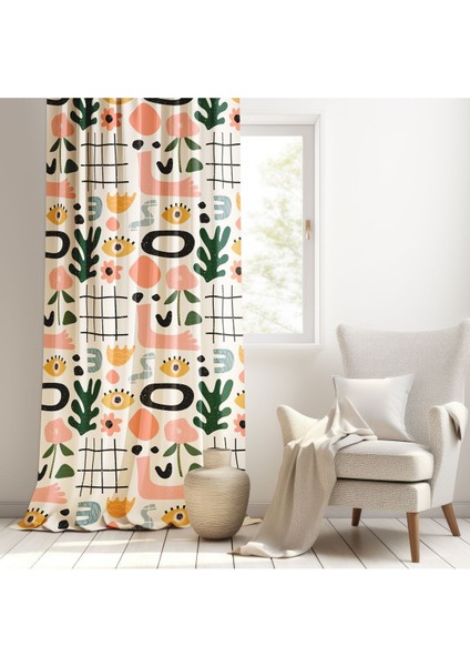 Modern Soyut Çalışma, Beyaz, Pembe, Yeşil, Oturma Odası, Salon, Fon Perde - 1 Kanat