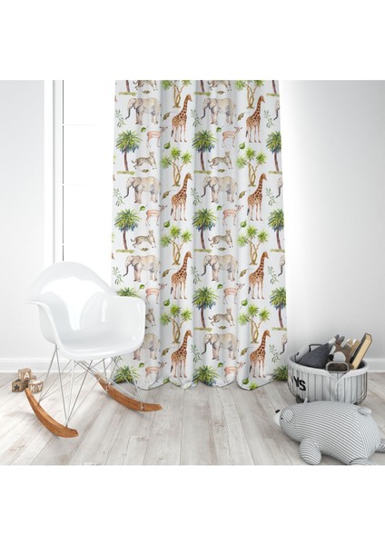 Tropikal Orman Hayvanları, Ithal Kumaş,yeşil, Kahverengi, Çocuk ve Bebek Odası Fon Perde - 1 Kanat