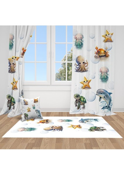 3D Sevimli Okyanus Hayvanları, Beyaz, Sarı, Ithal Kumaş, Çocuk ve Bebek Odası Fon Perde - 1 Kanat