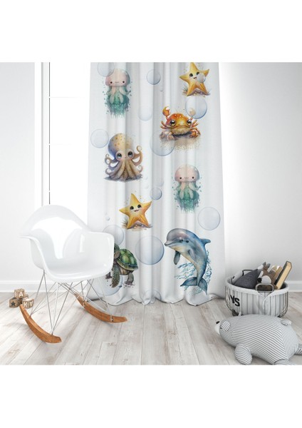 3D Sevimli Okyanus Hayvanları, Beyaz, Sarı, Ithal Kumaş, Çocuk ve Bebek Odası Fon Perde - 1 Kanat modelleri