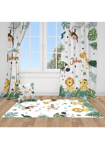 Mutlu Orman Hayvanları, Beyaz, Yeşil, Ithal Kumaş, Çocuk ve Bebek Odası Fon Perde - 1 Kanat