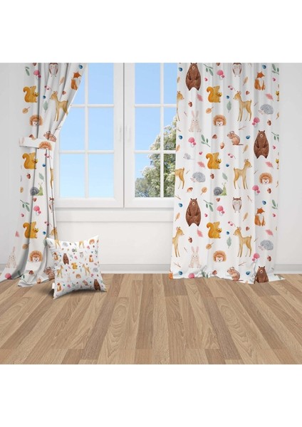 Ayıcık ve Sincap, Beyaz, Kahverengi, Ithal Kumaş, Çocuk ve Bebek Odası Fon Perde - 1 Kanat