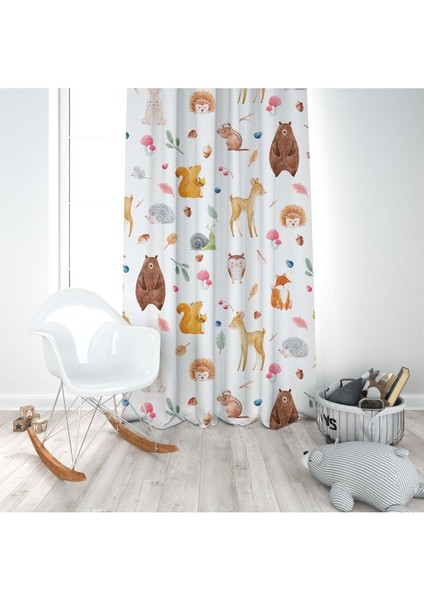 Ayıcık ve Sincap, Beyaz, Kahverengi, Ithal Kumaş, Çocuk ve Bebek Odası Fon Perde - 1 Kanat modelleri