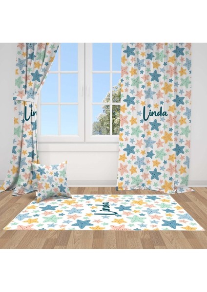 Renkli, Deniz Yıldızı, Beyaz, Mavi, Turuncu, Ithal Kumaş, Çocuk ve Bebek Odası Fon Perde - 1 Kanat