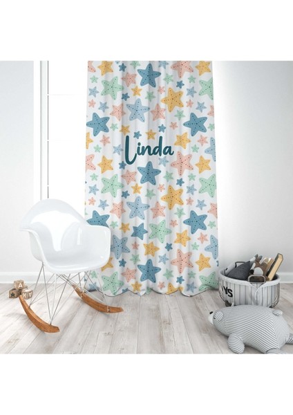 Renkli, Deniz Yıldızı, Beyaz, Mavi, Turuncu, Ithal Kumaş, Çocuk ve Bebek Odası Fon Perde - 1 Kanat modelleri