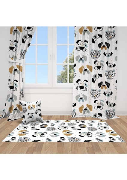 Sevimli Bebek Köpekler, Beyaz, Siyah, Ithal Kumaş, Çocuk ve Bebek Odası Fon Perde - 1 Kanat
