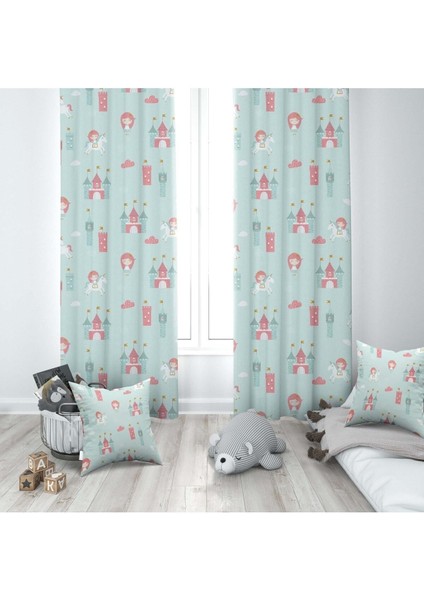 Prenses ve Kalesi,yeşil, Pembe, Ithal Kumaş, Çocuk ve Bebek Odası Fon Perde - 1 Kanat