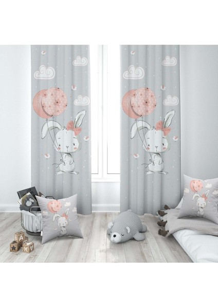Balon Tutan Tavşan, Gri, Pembe, Ithal Kumaş, Çocuk ve Bebek Odası Fon Perde - 1 Kanat