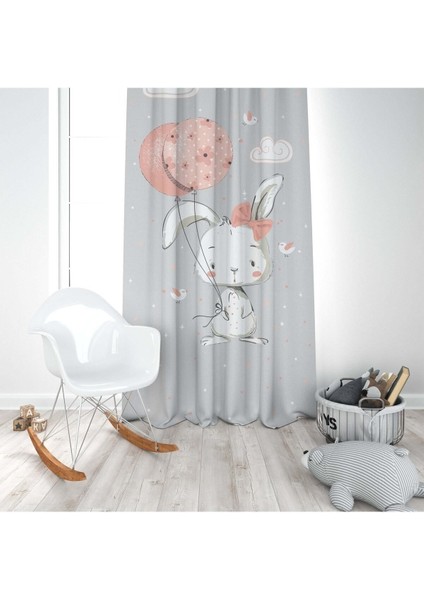 Balon Tutan Tavşan, Gri, Pembe, Ithal Kumaş, Çocuk ve Bebek Odası Fon Perde - 1 Kanat modelleri
