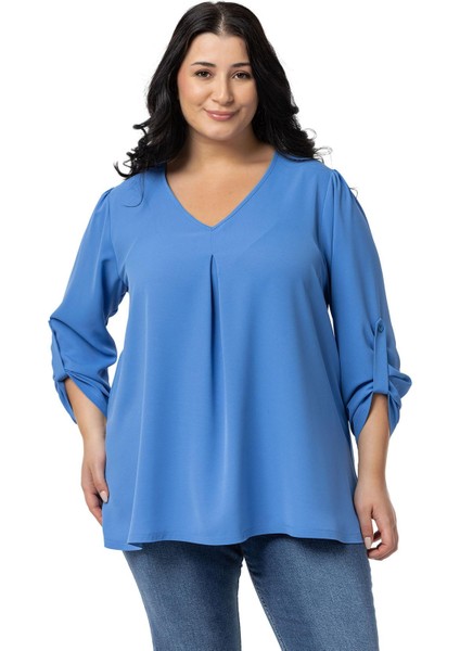 Büyük Beden V Yaka Önü Plikaşeli Katlamalı Kollu Indigo Bluz