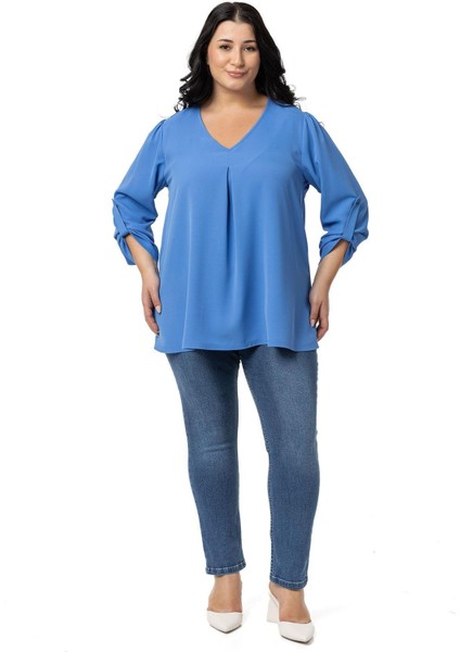 Büyük Beden V Yaka Önü Plikaşeli Katlamalı Kollu Indigo Bluz fiyatları