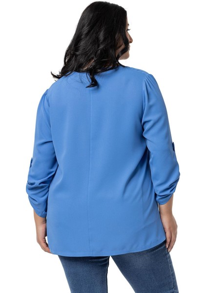 Büyük Beden V Yaka Önü Plikaşeli Katlamalı Kollu Indigo Bluz modelleri