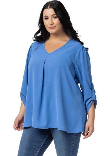 Büyük Beden V Yaka Önü Plikaşeli Katlamalı Kollu Indigo Bluz fırsatları