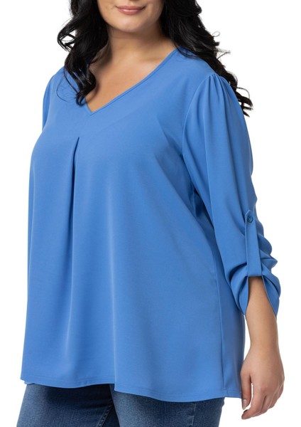 Büyük Beden V Yaka Önü Plikaşeli Katlamalı Kollu Indigo Bluz indirimleri