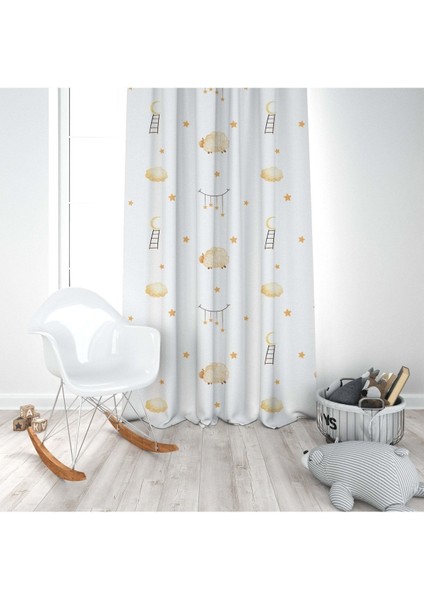 Koyunlar ve Yıldızlar, Beyaz, Sarı, Ithal Kumaş, Çocuk ve Bebek Odası Fon Perde - 1 Kanat modelleri