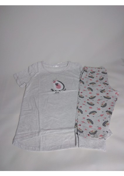 Kadın Bej Kısa Kollu Desenli Kapri Pamuk Pijama Takımı