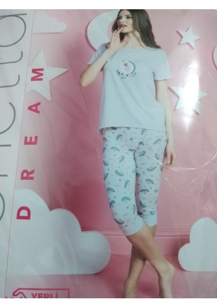 Kadın Bej Kısa Kollu Desenli Kapri Pamuk Pijama Takımı fiyatları