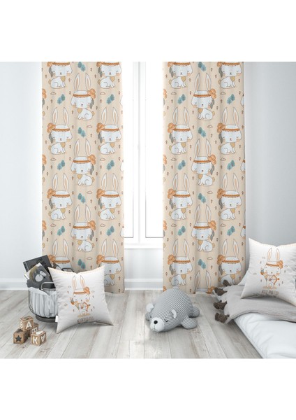 Iskandinav Stili Tavşan, Beyaz, Kahverengi, Ithal Kumaş, Çocuk ve Bebek Odası Fon Perde - 1 Kanat