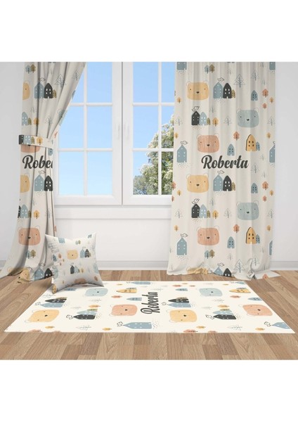 Sevimli Ayıcık ve Evi, Krem, Mavi, Ithal Kumaş, Çocuk ve Bebek Odası Fon Perde - 1 Kanat