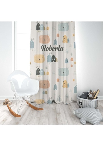 Sevimli Ayıcık ve Evi, Krem, Mavi, Ithal Kumaş, Çocuk ve Bebek Odası Fon Perde - 1 Kanat modelleri