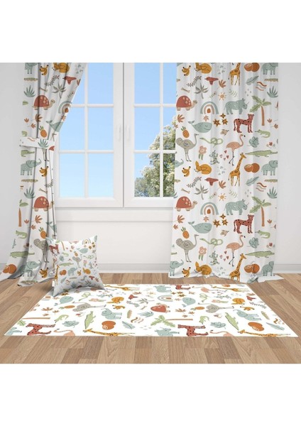 Sevimli Orman Hayvanları, Gri, Kahverengi, Ithal Kumaş, Çocuk ve Bebek Odası Fon Perde - 1 Kanat
