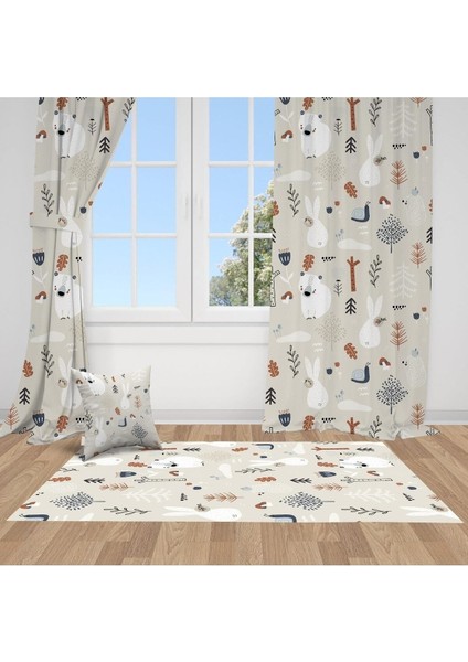 Ayı ve Tavşan, Krem, Kahverengi, Ithal Kumaş, Çocuk ve Bebek Odası Fon Perde - 1 Kanat