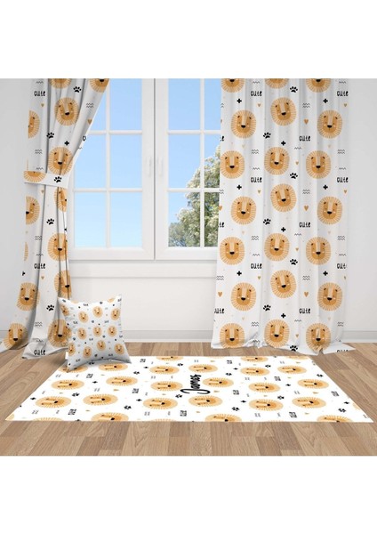 Mutlu Aslan, Beyaz, Sarı, Turuncu, Ithal Kumaş, Çocuk ve Bebek Odası Fon Perde - 1 Kanat