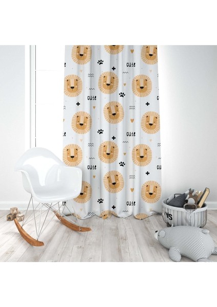 Mutlu Aslan, Beyaz, Sarı, Turuncu, Ithal Kumaş, Çocuk ve Bebek Odası Fon Perde - 1 Kanat modelleri