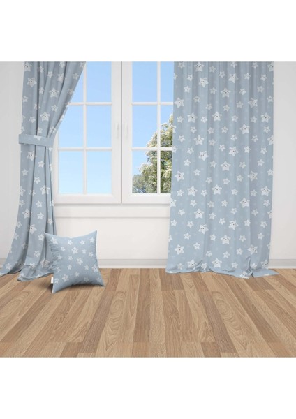 Mutlu Yıldız, Mavi, Gri, Ithal Kumaş, Çocuk ve Bebek Odası Fon Perde - 1 Kanat