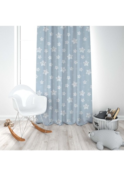 Mutlu Yıldız, Mavi, Gri, Ithal Kumaş, Çocuk ve Bebek Odası Fon Perde - 1 Kanat modelleri