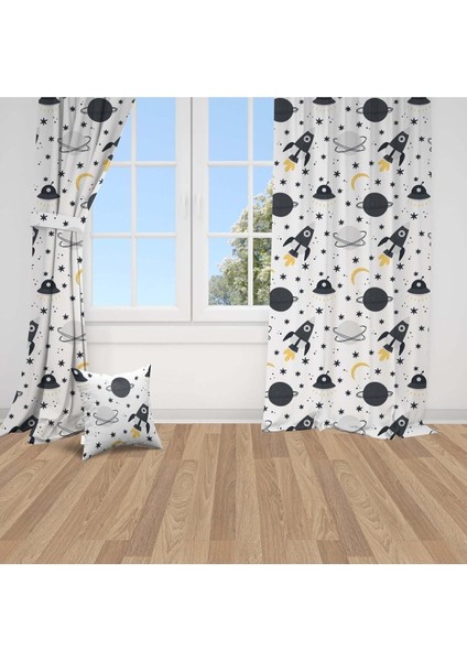 Uzay Gemisi, Beyaz, Siyah, Ithal Kumaş, Çocuk ve Bebek Odası Fon Perde - 1 Kanat