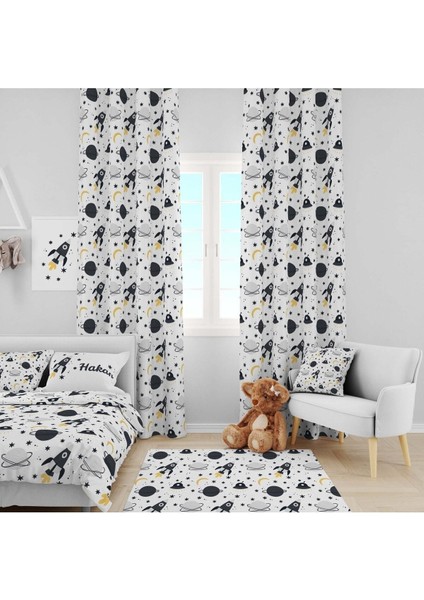 Uzay Gemisi, Beyaz, Siyah, Ithal Kumaş, Çocuk ve Bebek Odası Fon Perde - 1 Kanat fırsatları