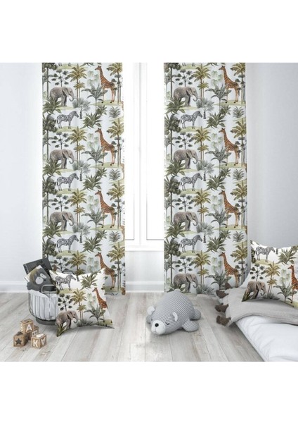 Tropikal Orman Hayvanları, Beyaz, Yeşil, Ithal Kumaş, Çocuk ve Bebek Odası Fon Perde - 1 Kanat