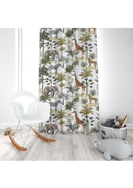 Tropikal Orman Hayvanları, Beyaz, Yeşil, Ithal Kumaş, Çocuk ve Bebek Odası Fon Perde - 1 Kanat modelleri