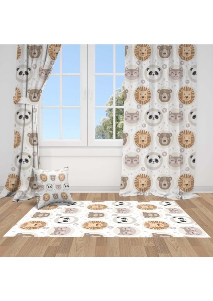 Soft Safari Hayvanları, Beyaz, Kahverengi, Ithal Kumaş Çocuk ve Bebek Odası Fon Perde - 1 Kanat