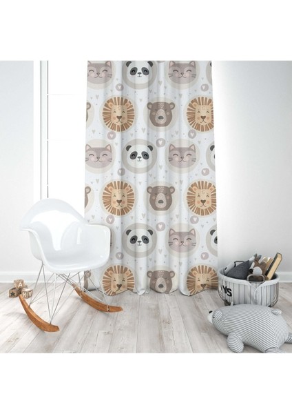 Soft Safari Hayvanları, Beyaz, Kahverengi, Ithal Kumaş Çocuk ve Bebek Odası Fon Perde - 1 Kanat modelleri