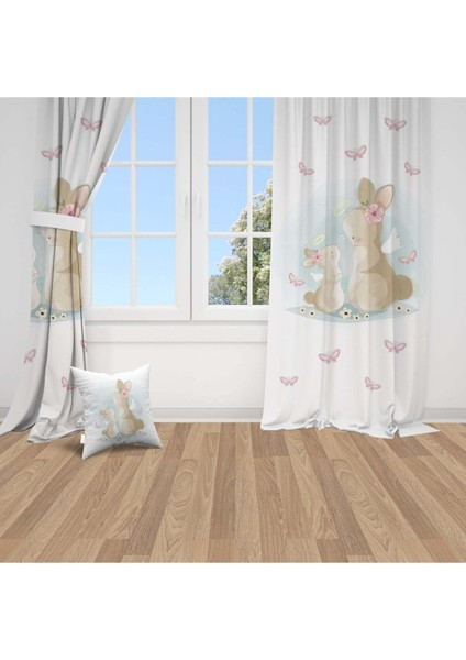Anne ve Yavru Tavşanlar, Beyaz, Pembe, Ithal Kumaş, Çocuk ve Bebek Odası Fon Perde - 1 Kanat