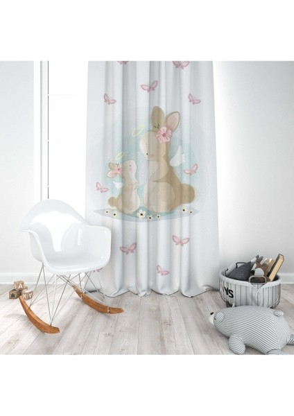Anne ve Yavru Tavşanlar, Beyaz, Pembe, Ithal Kumaş, Çocuk ve Bebek Odası Fon Perde - 1 Kanat modelleri