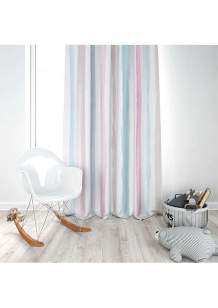 Çizgili, Soft Renkli, Mavi, Mor, Gri, Ithal Kumaş, Çocuk ve Bebek Odası Fon Perde -1 Kanat modelleri