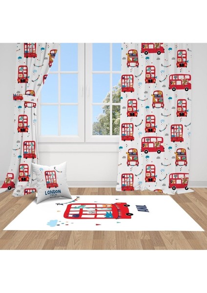 Londra Turu, Beyaz, Kırmızı, Ithal Kumaş, Çocuk ve Bebek Odası Fon Perde - 1 Kanat