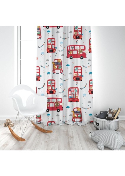 Londra Turu, Beyaz, Kırmızı, Ithal Kumaş, Çocuk ve Bebek Odası Fon Perde - 1 Kanat modelleri
