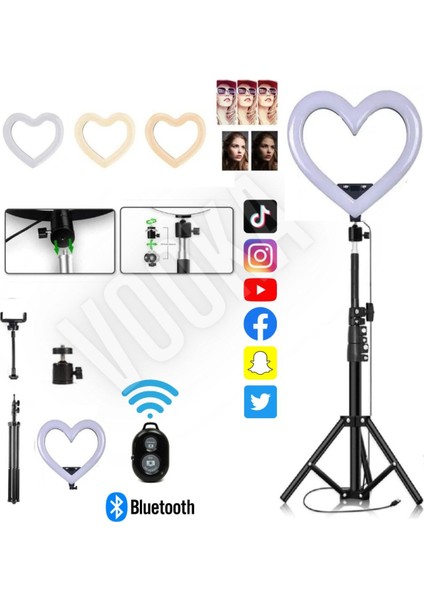 Beyaz Tripod Kalp 10 Inç Heart Light 5500K Youtuber LED Işıklı 2.1 Metre Kumandalı Tripod Selfie Ma