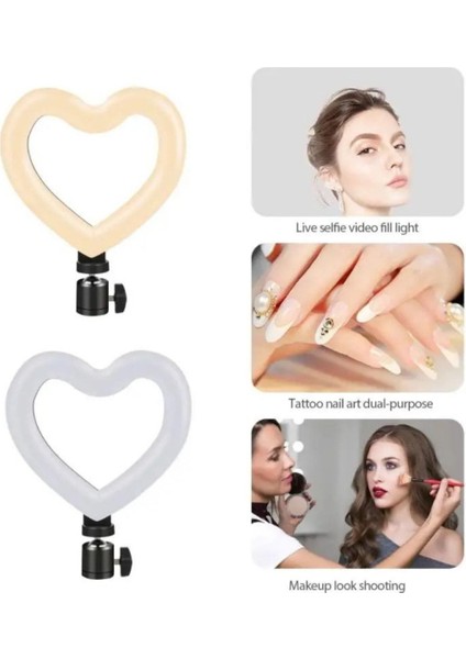 Beyaz Tripod Kalp 10 Inç Heart Light 5500K Youtuber LED Işıklı 2.1 Metre Kumandalı Tripod Selfie Ma modelleri