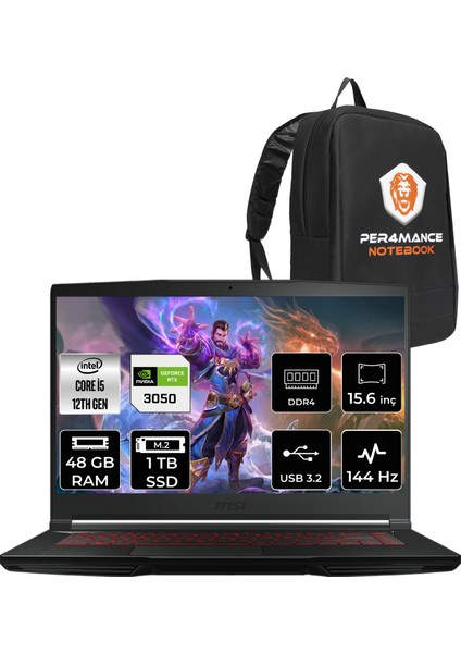 Msı Thin GF63 Intel Core I5 12450H 48GB 1tb SSD RTX3050/4GB 15.6" Fhd 144Hz Fdos Taşınabilir Bilgisayar 12UC-877XTR & Per4 Çanta 12UC877XTRP343