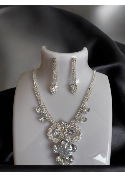 Nur's Jewelery & Accessories Tamamı Zirkon Taşlarla Kaplı Vip Abiye Kolye ve Küpe Set Düğün Nişan Kına Doğum