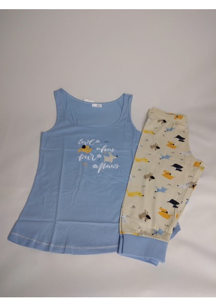 Kadın Mavi Askılı Yazı Desenli Kapri Pamuk Pijama Takımı