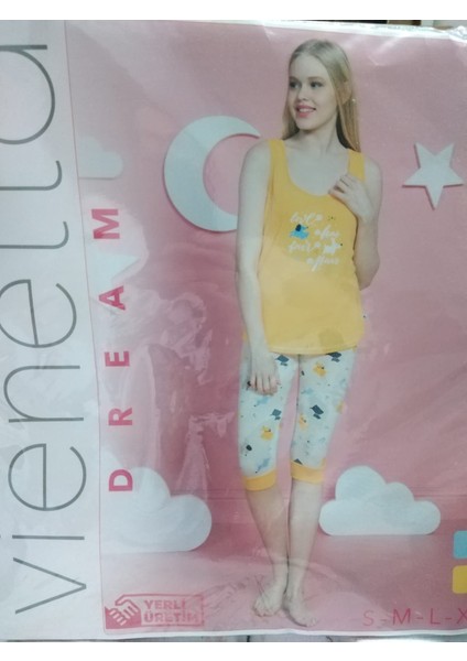 Kadın Mavi Askılı Yazı Desenli Kapri Pamuk Pijama Takımı